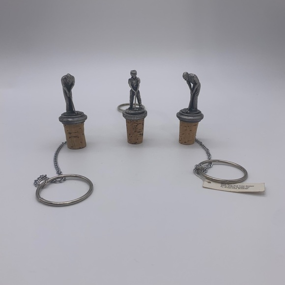 Signed WTU Handcrafted Solid Pewter Wine Cork Stoppers With Ring Chain Golfers - Picture 3 of 15